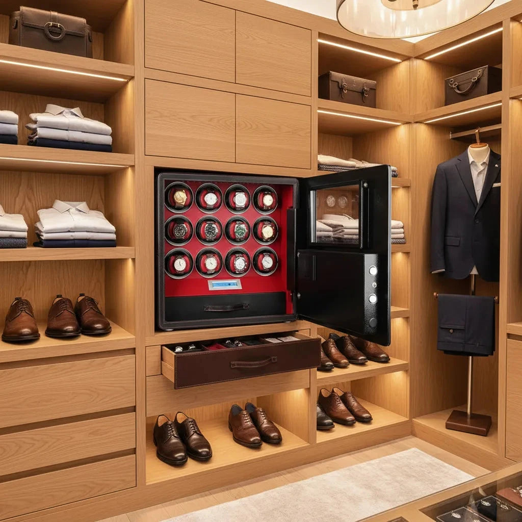 12 Watch Winder Safe Luxury Black Leather with Red Interior by Aevitas