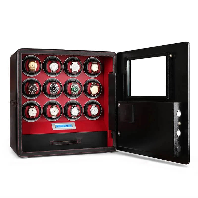 12 Watch Winder Safe Luxury Black Leather with Red Interior by Aevitas
