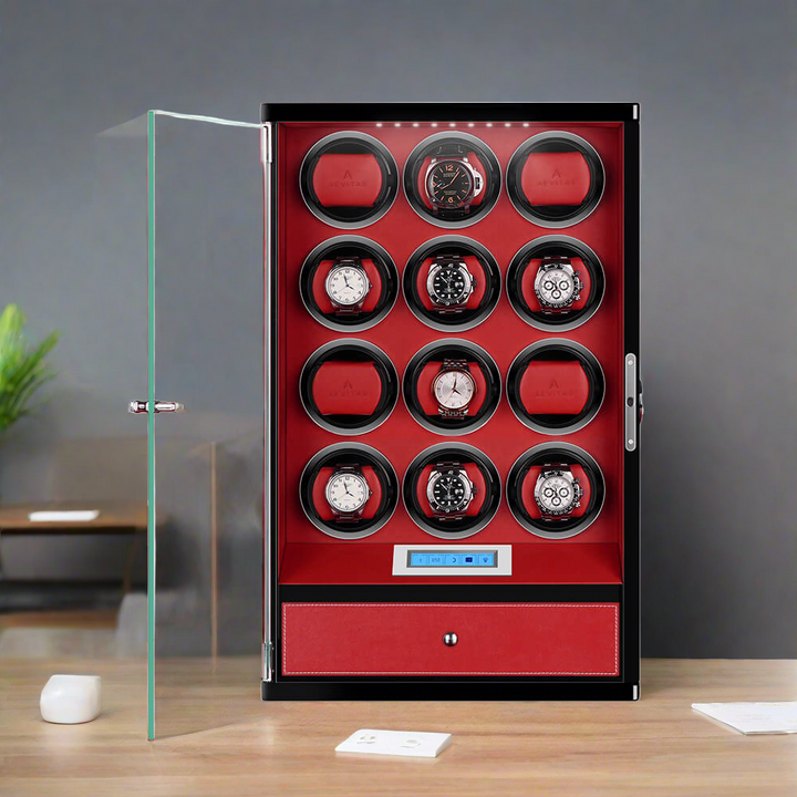 12 Watch Winder with Storage Drawer Black Wood with Red Tower Series by Aevitas