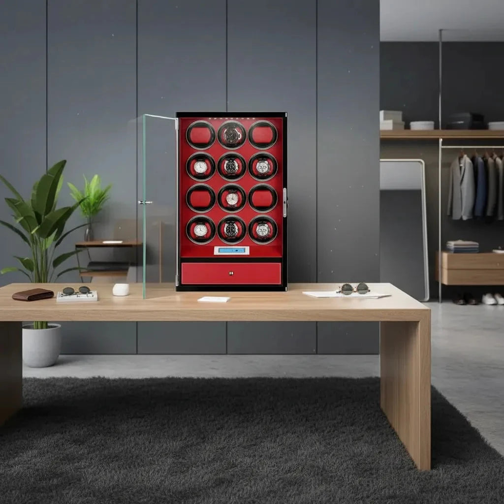 12 Watch Winder with Storage Drawer Black Wood with Red Tower Series by Aevitas