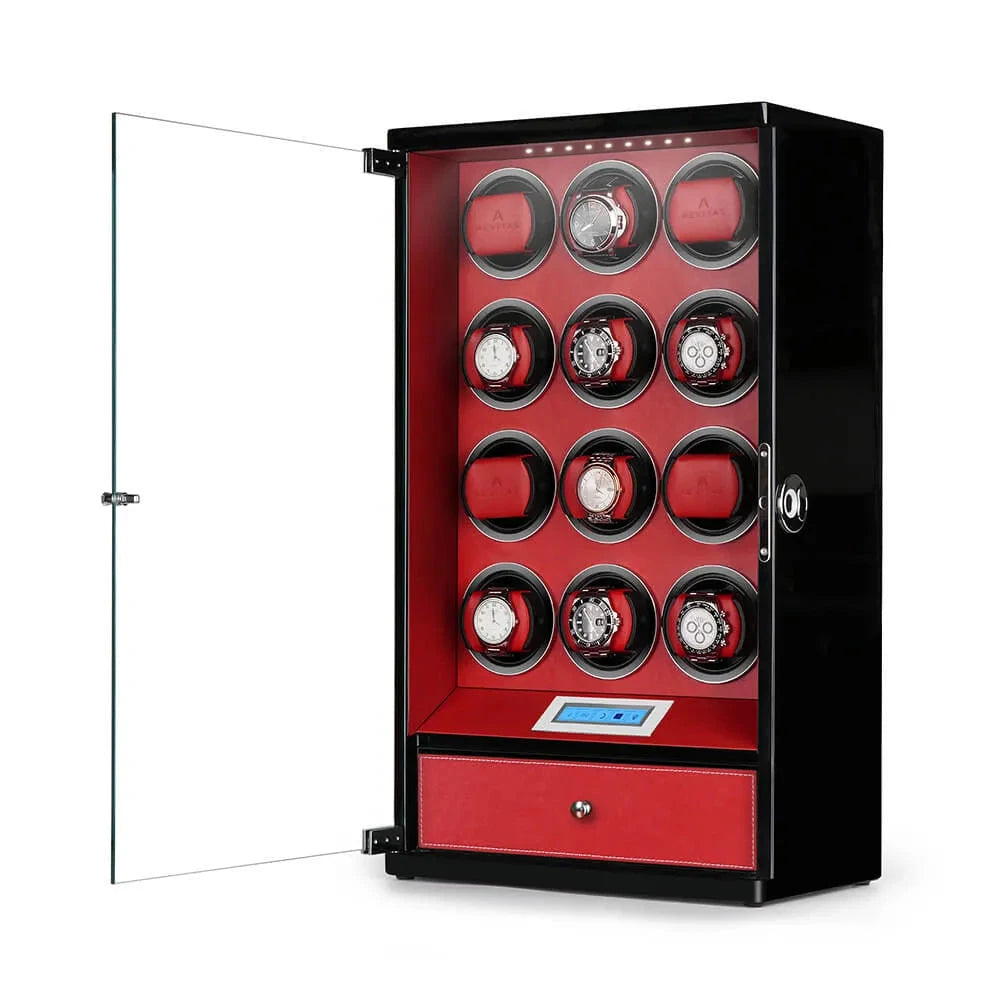 12 Watch Winder with Storage Drawer Black Wood with Red Tower Series by Aevitas