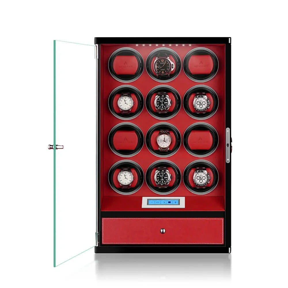 12 Watch Winder with Storage Drawer Black Wood with Red Tower Series by Aevitas