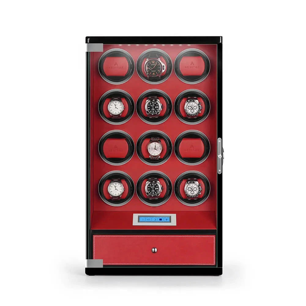 12 Watch Winder with Storage Drawer Black Wood with Red Tower Series by Aevitas