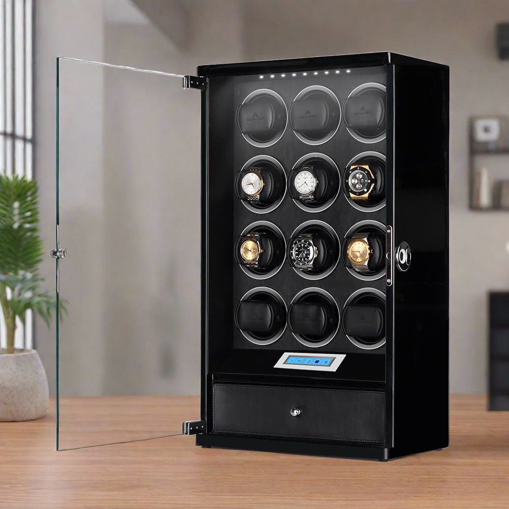 12 Watch Winder with Storage Drawer Piano Black Wood Tower Series by Aevitas