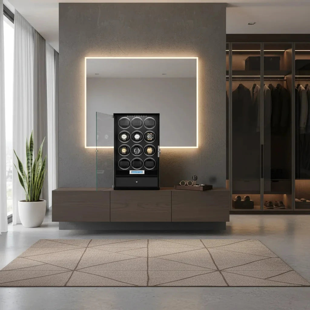 12 Watch Winder with Storage Drawer Piano Black Wood Tower Series by Aevitas