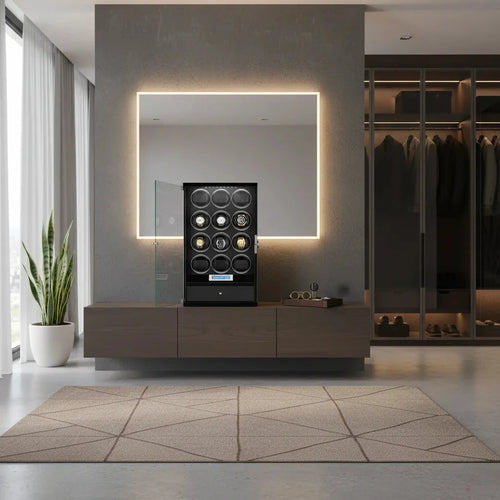 12 Watch Winder with Storage Drawer Piano Black Wood Tower Series by Aevitas