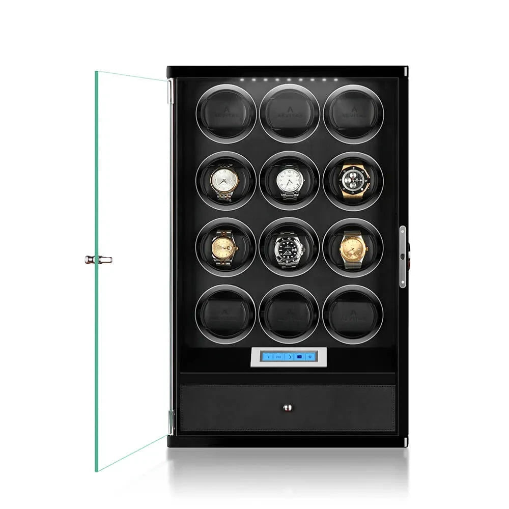 12 Watch Winder with Storage Drawer Piano Black Wood Tower Series by Aevitas