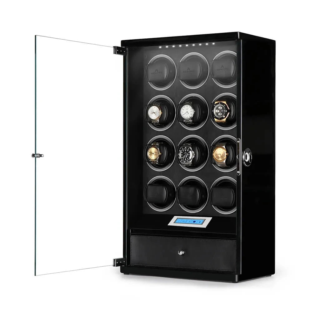 12 Watch Winder with Storage Drawer Piano Black Wood Tower Series by Aevitas