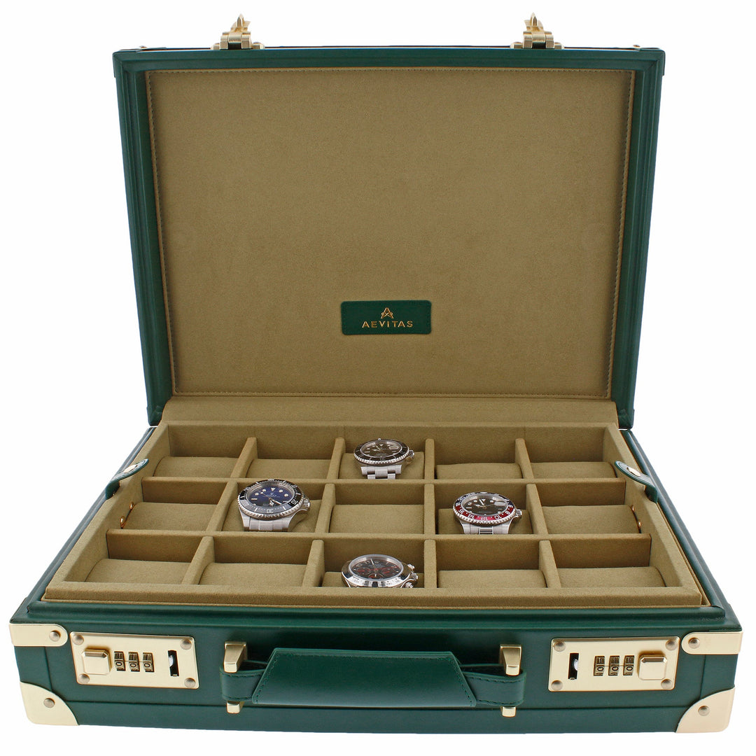 15 Watch BriefCase Travel or Storage in Green Leather Finish