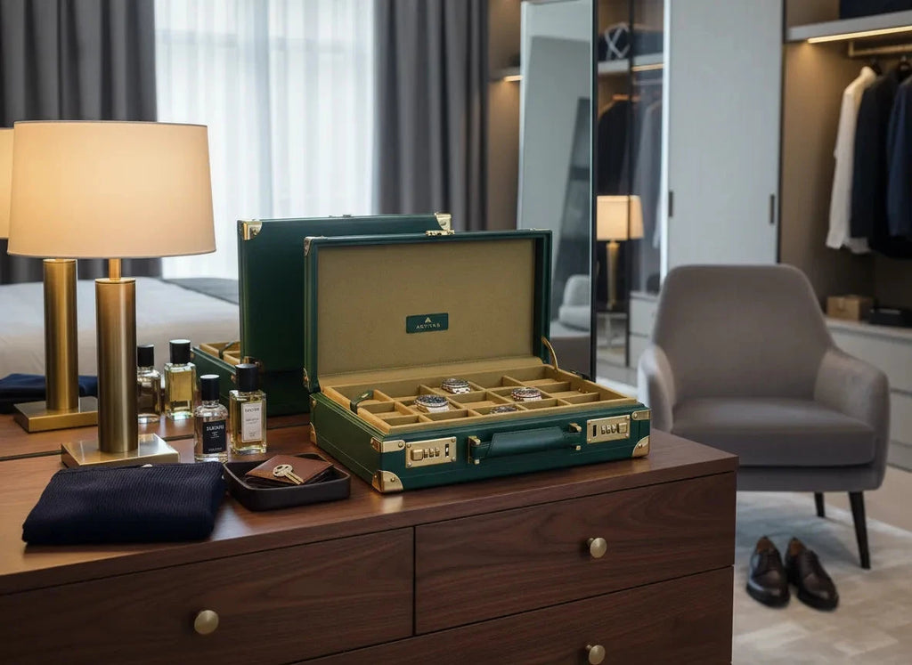 15 Watch BriefCase Travel or Storage in Green Leather Finish