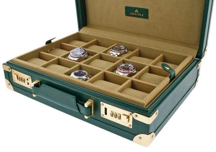 15 Watch BriefCase Travel or Storage in Green Leather Finish