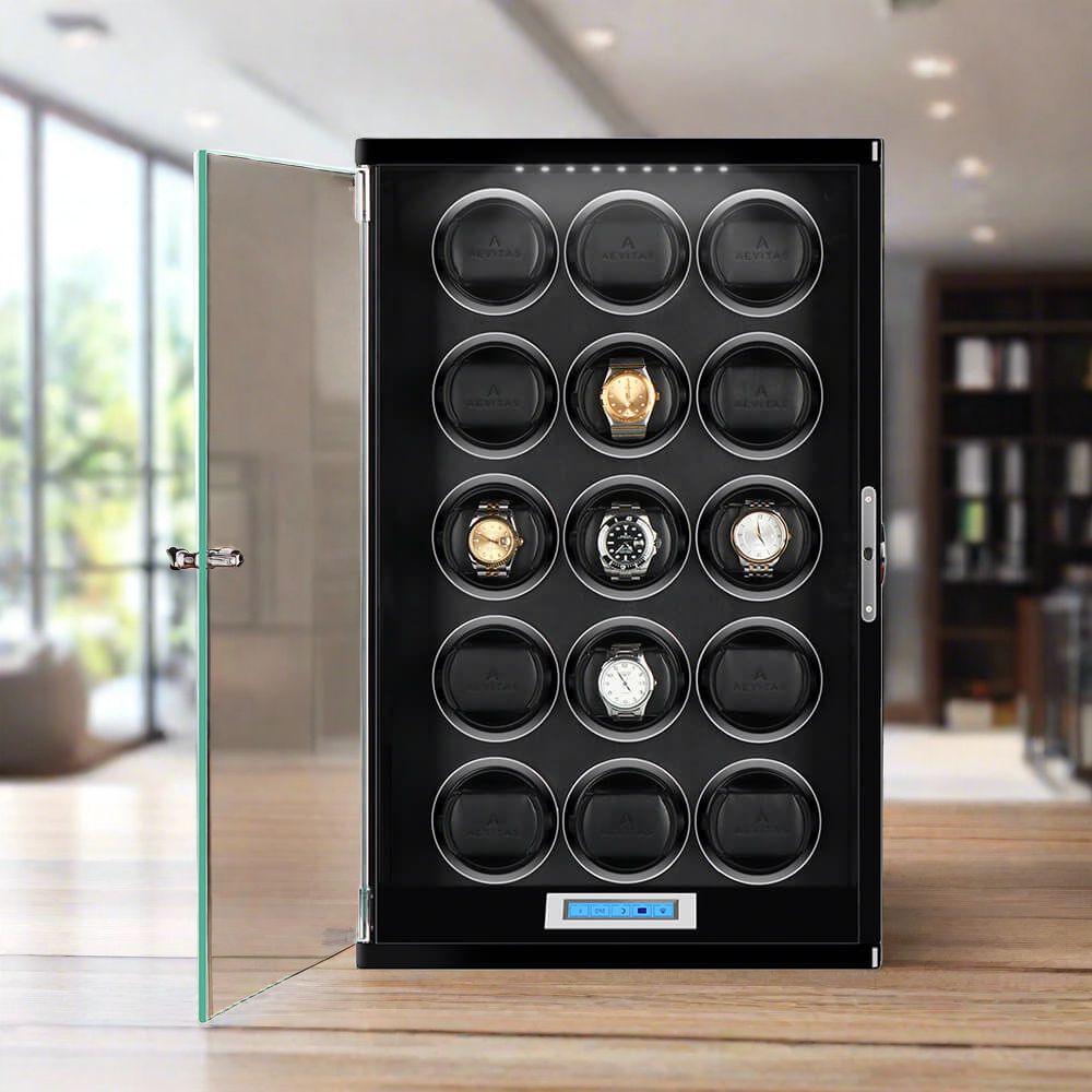 15 Watch Winder Piano Black Wood with Black Leather Interior Tower Series by Aevitas