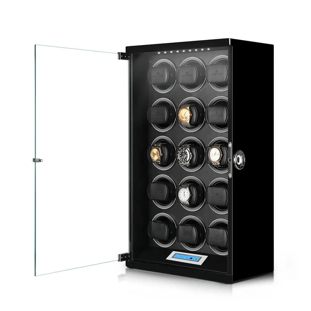 15 Watch Winder Piano Black Wood with Black Leather Interior Tower Series by Aevitas