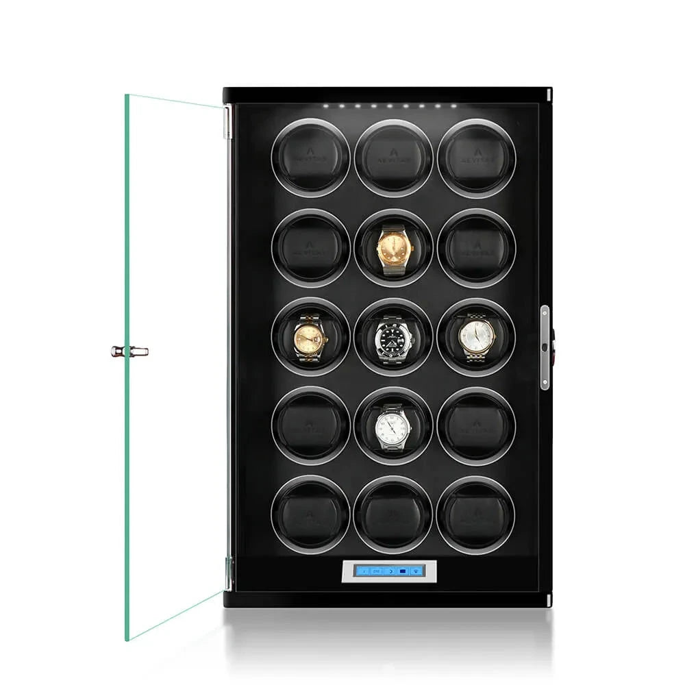 15 Watch Winder Piano Black Wood with Black Leather Interior Tower Series by Aevitas