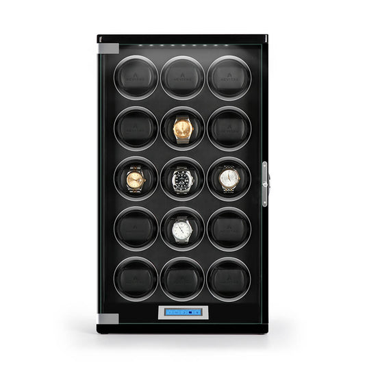 15 Watch Winder Piano Black Wood with Black Leather Interior Tower Series by Aevitas