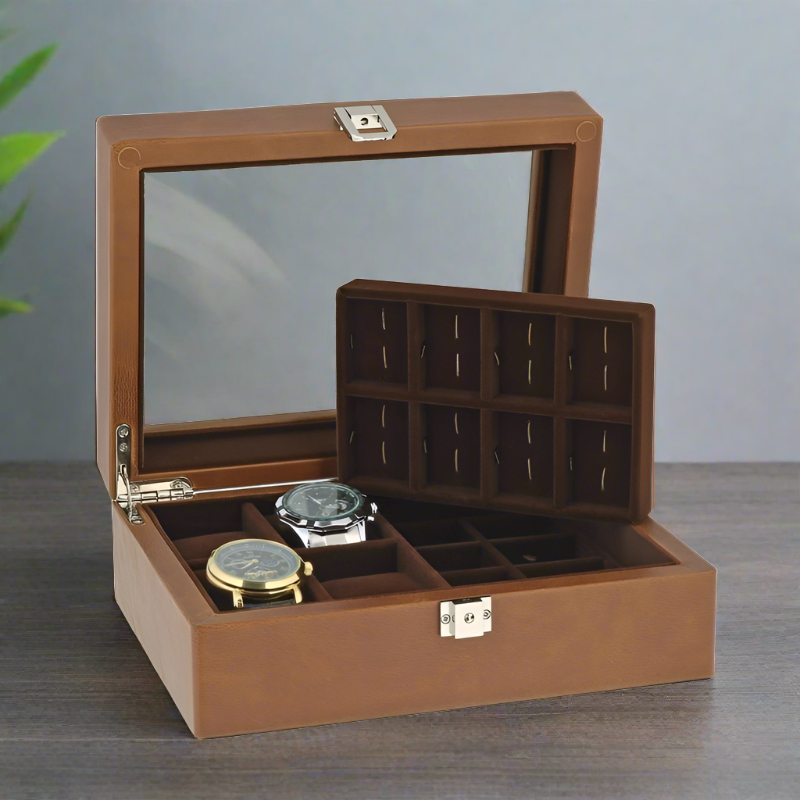 16 Cufflinks and 4 Piece Watch Box in Cognac Brown Genuine Leather Wood by Aevitas