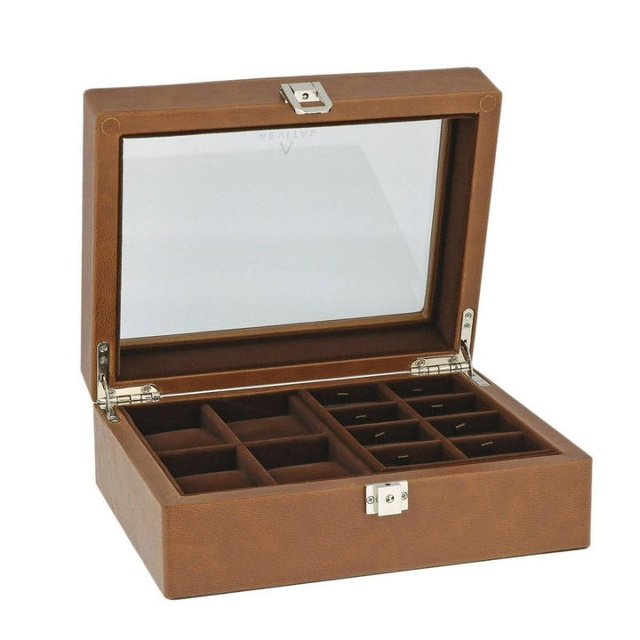 16 Cufflinks and 4 Piece Watch Box in Cognac Brown Genuine Leather Wood by Aevitas