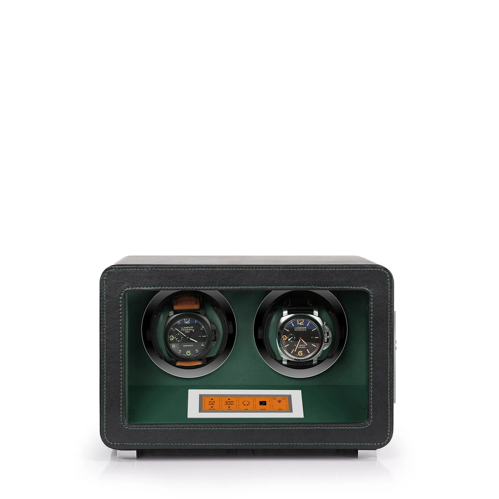 2 Watch Winder in Black and Green Smooth Leather Finish by Aevitas
