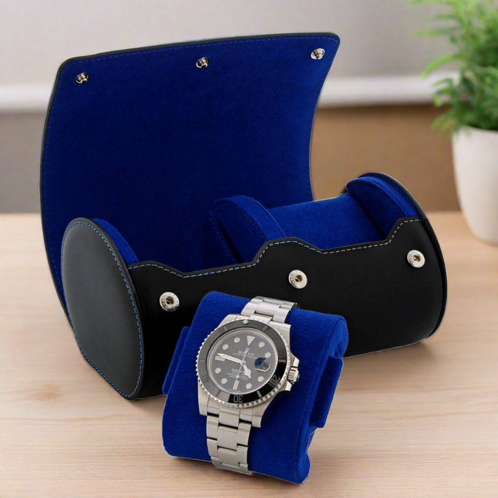 2 Watch Roll Case Premium Black Nappa Leather with Blue Lining by Aevitas