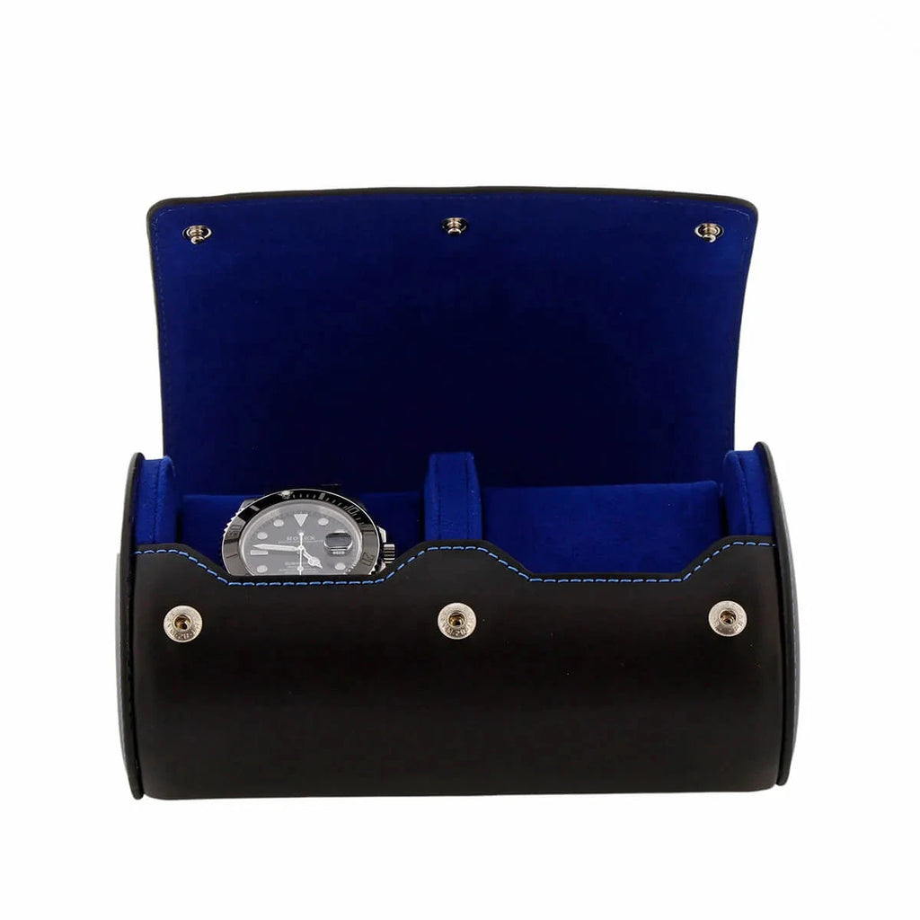2 Watch Roll Case Premium Black Nappa Leather with Blue Lining by Aevitas