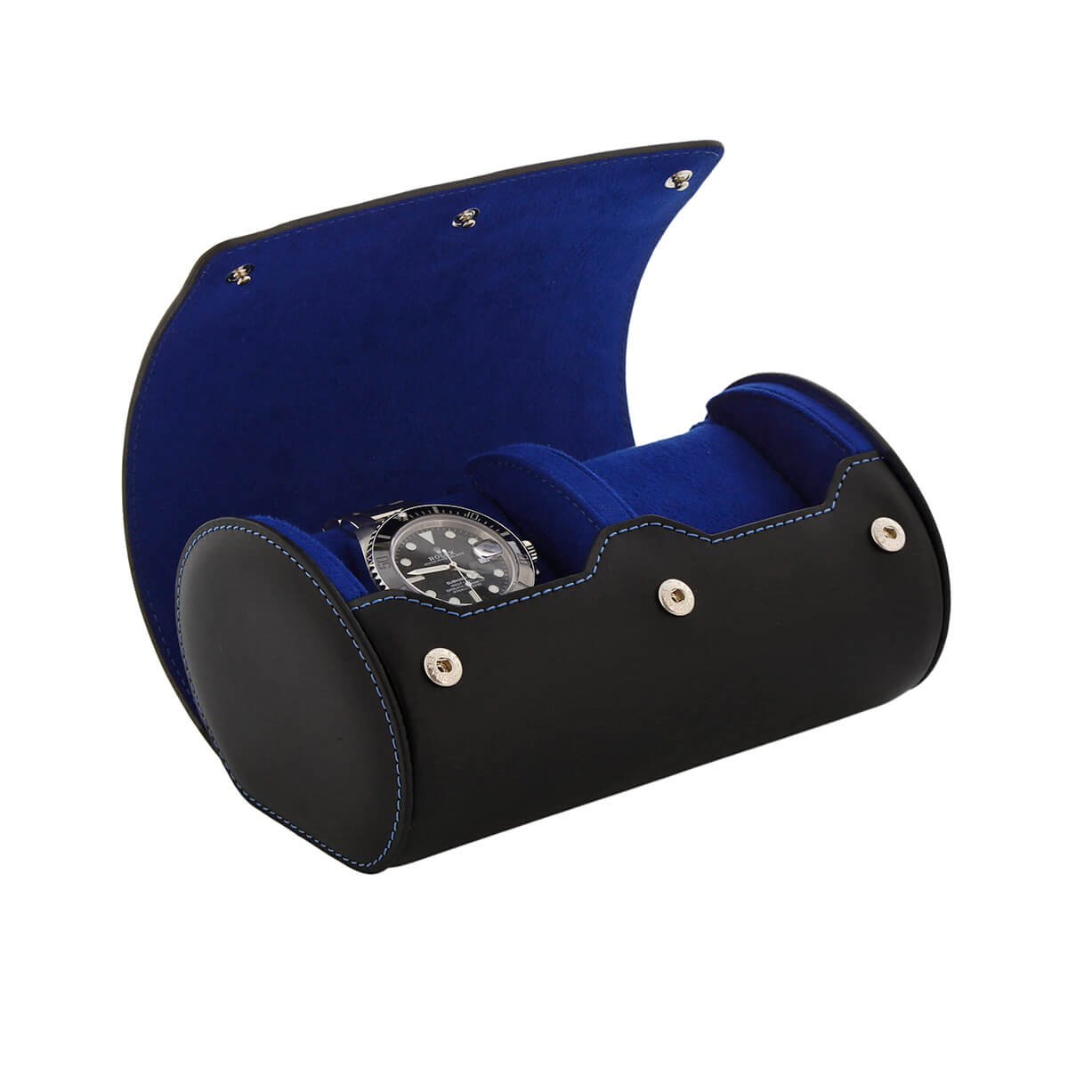 2 Watch Roll Case Premium Black Nappa Leather with Blue Lining by Aevitas