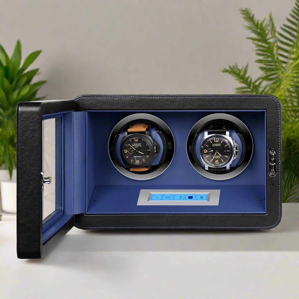 2 Watch Winder in Black and Blue Smooth Leather Finish by Aevitas