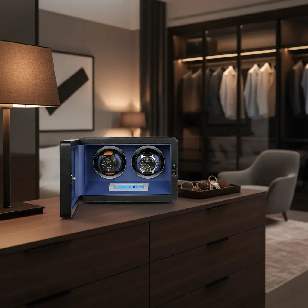 2 Watch Winder in Black and Blue Smooth Leather Finish by Aevitas