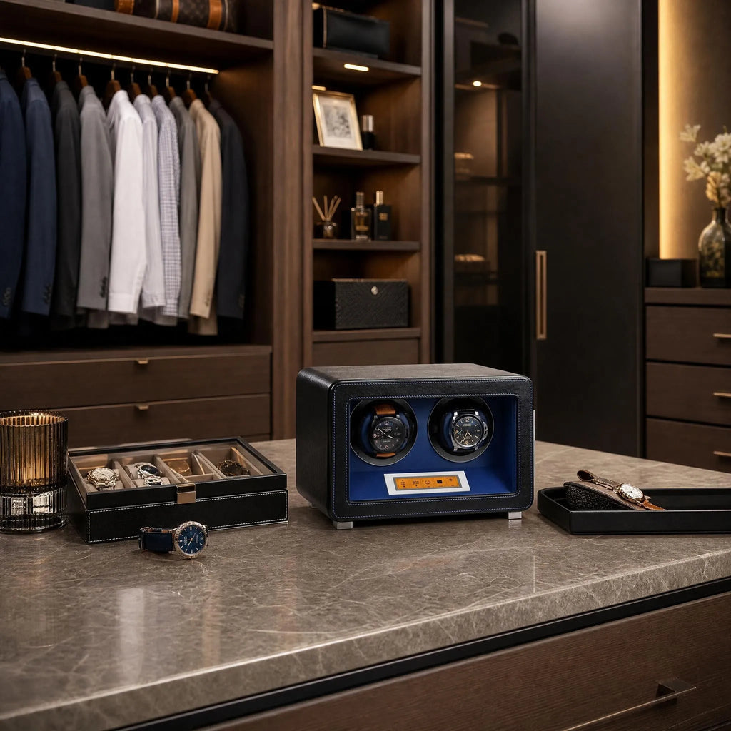 Aevitas 2-watch winder in black leather with a blue interior, featuring digital controls on a marble dressing room table.