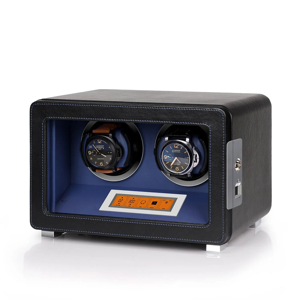 Aevitas 2-watch winder in black leather with blue interior, digital display, and two automatic watches on display.