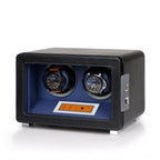 Aevitas 2-watch winder in black leather with blue interior, digital display, and two automatic watches on display.