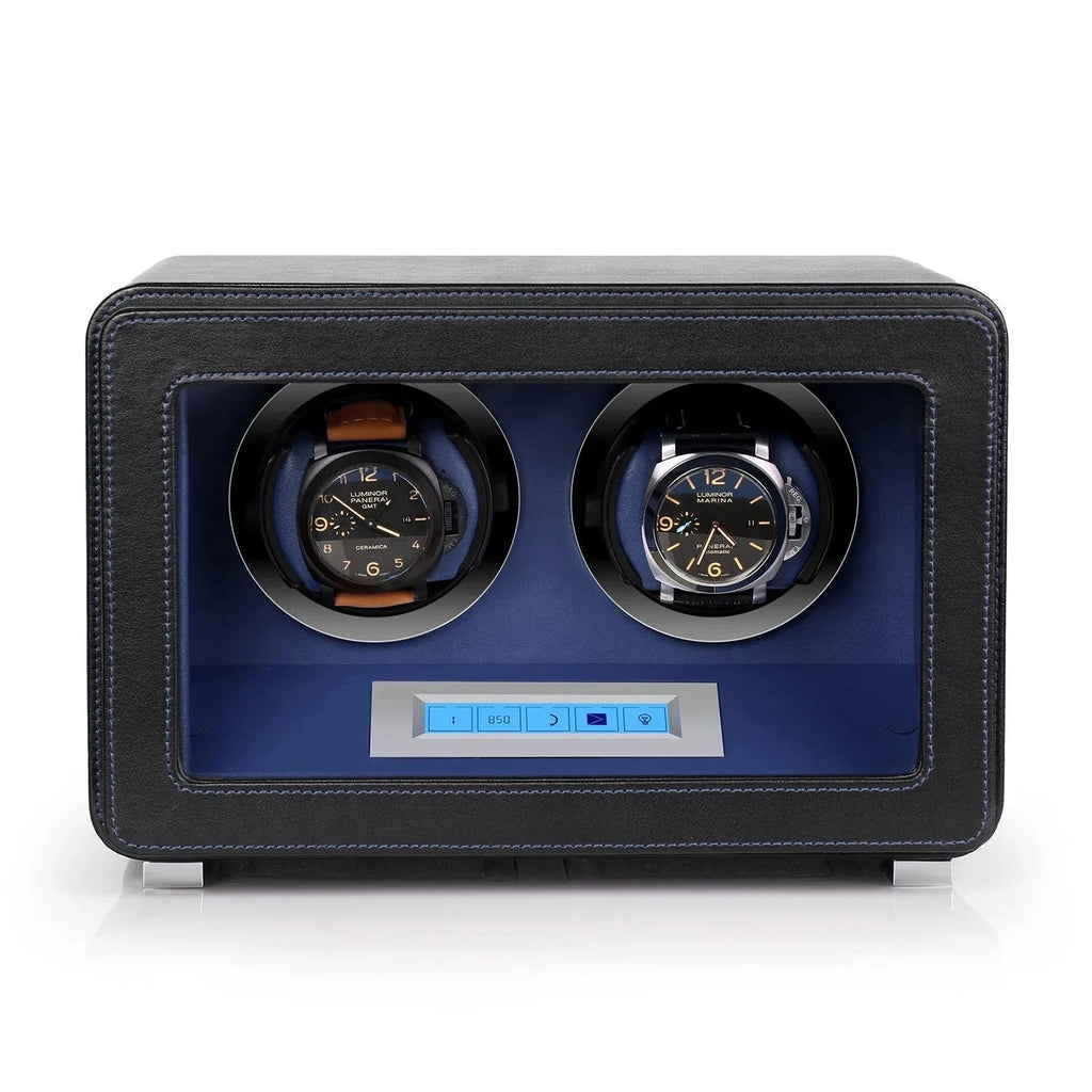 2 Watch Winder in Black and Blue Smooth Leather Finish by Aevitas