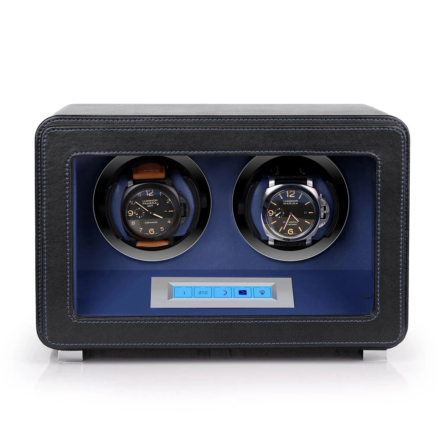2 Watch Winder in Black and Blue Smooth Leather Finish by Aevitas