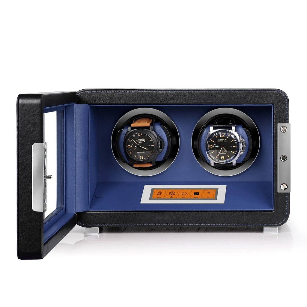 Aevitas premium 2-watch winder in black leather with a blue interior, featuring digital controls and two automatic watches.
