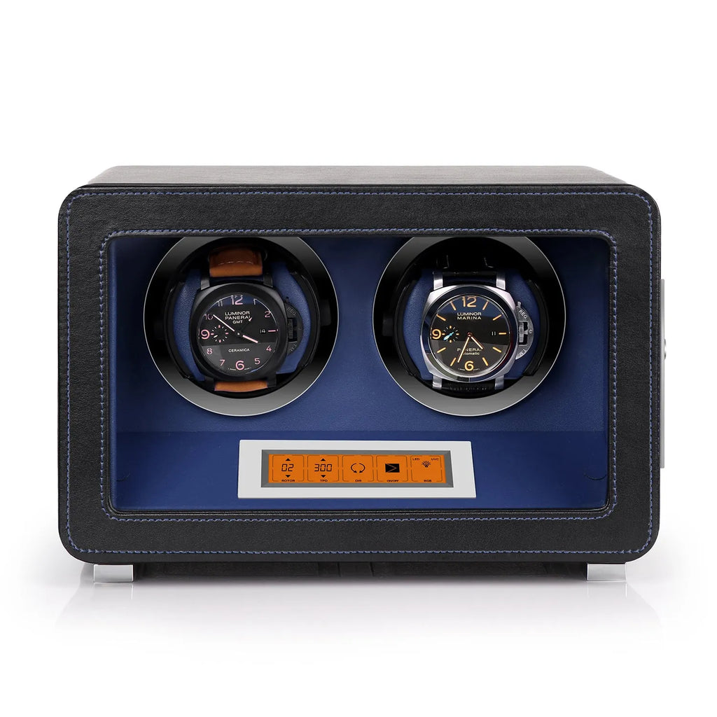 Aevitas 2-watch winder in black leather with blue interior, digital display, and two automatic watches on display.