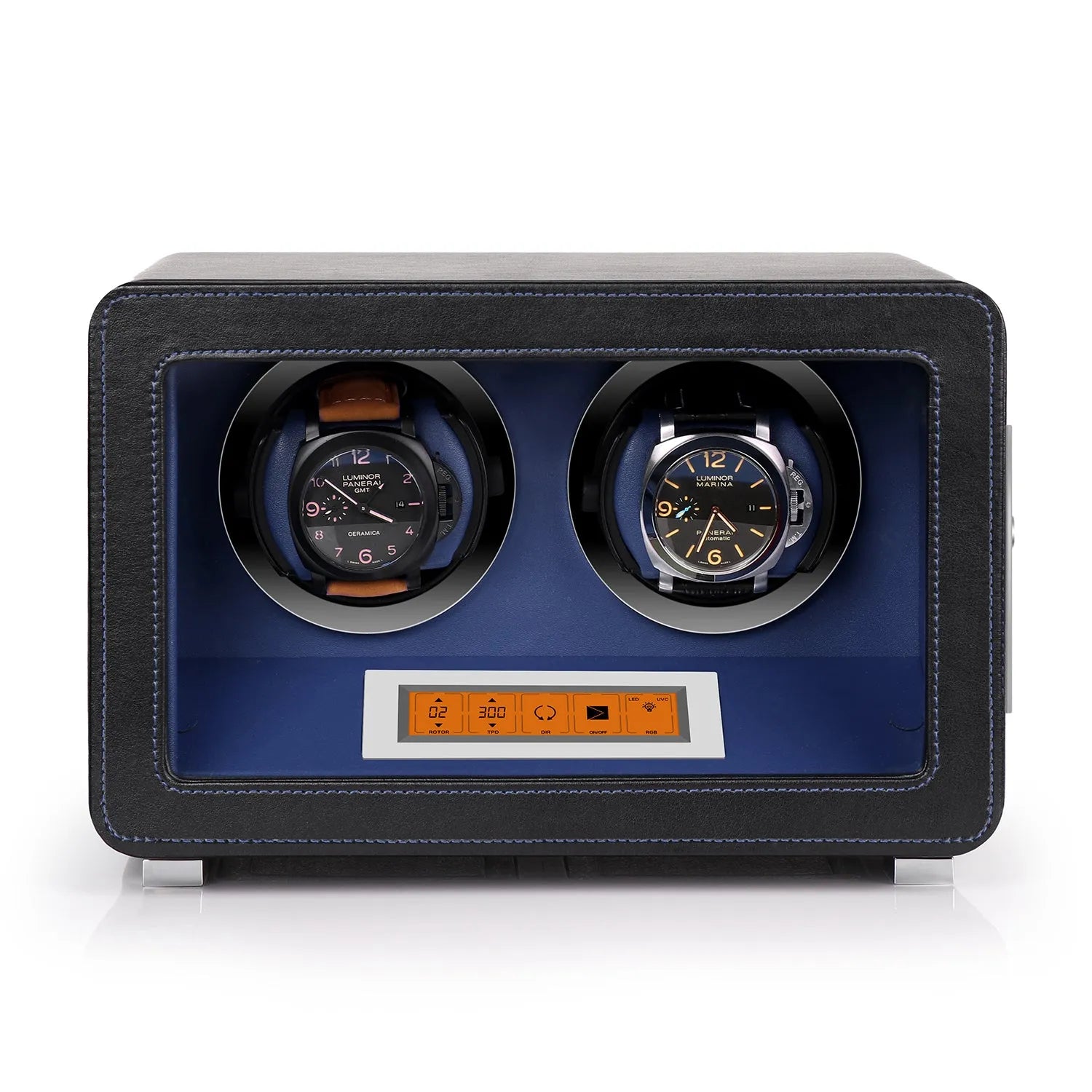 Aevitas 2-watch winder in black leather with blue interior, digital display, and two automatic watches on display.