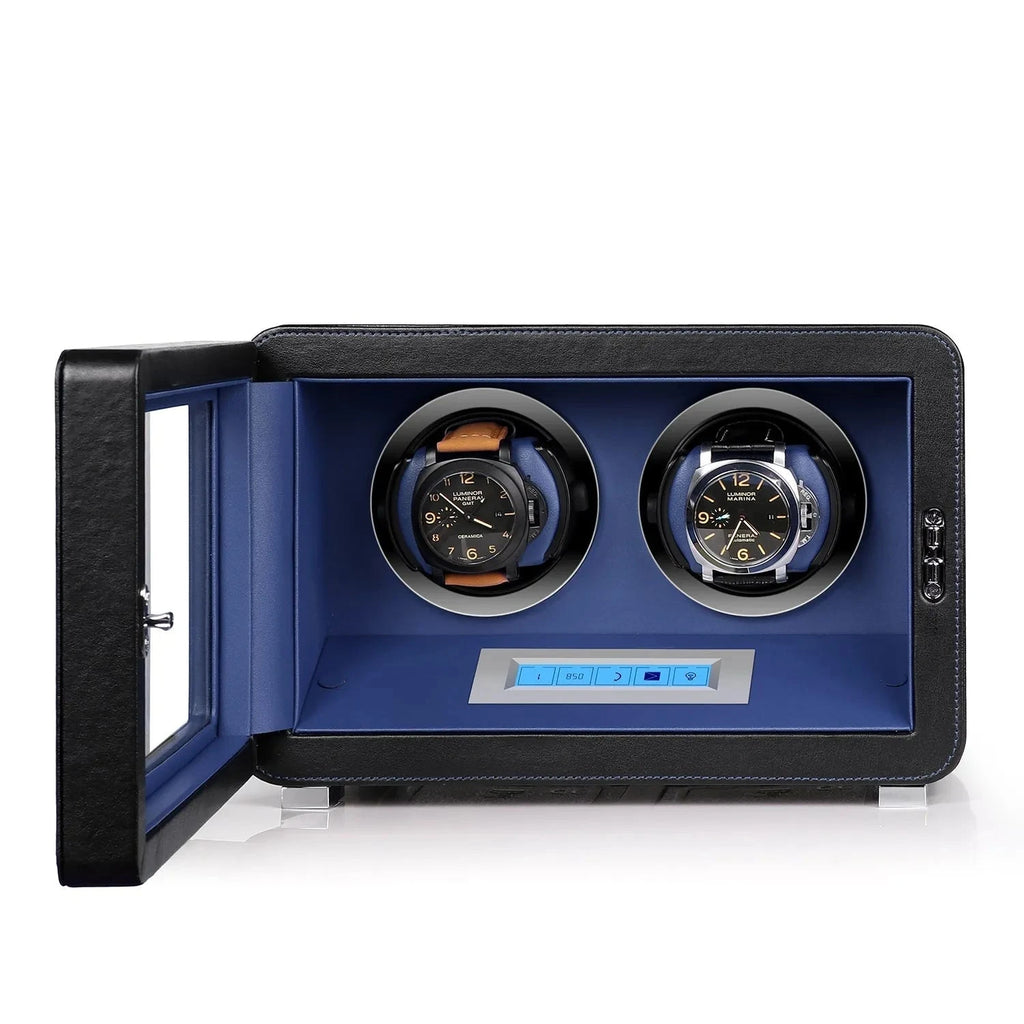 2 Watch Winder in Black and Blue Smooth Leather Finish by Aevitas