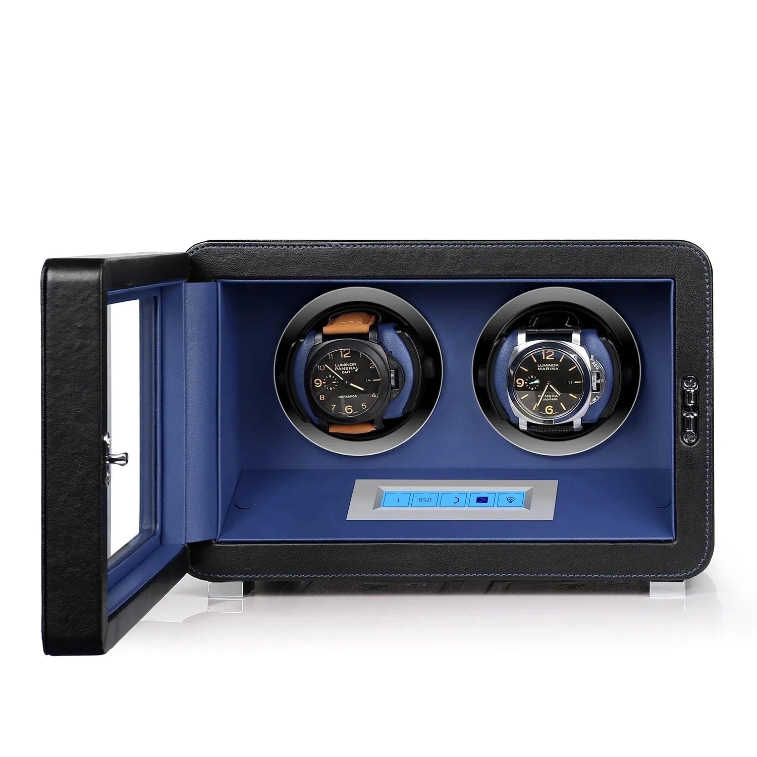 2 Watch Winder in Black and Blue Smooth Leather Finish by Aevitas