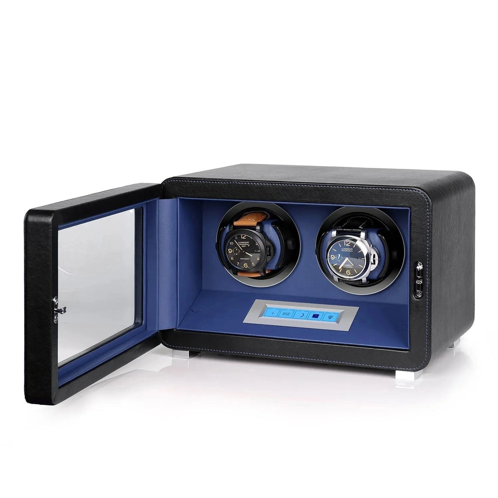 2 Watch Winder in Black and Blue Smooth Leather Finish by Aevitas