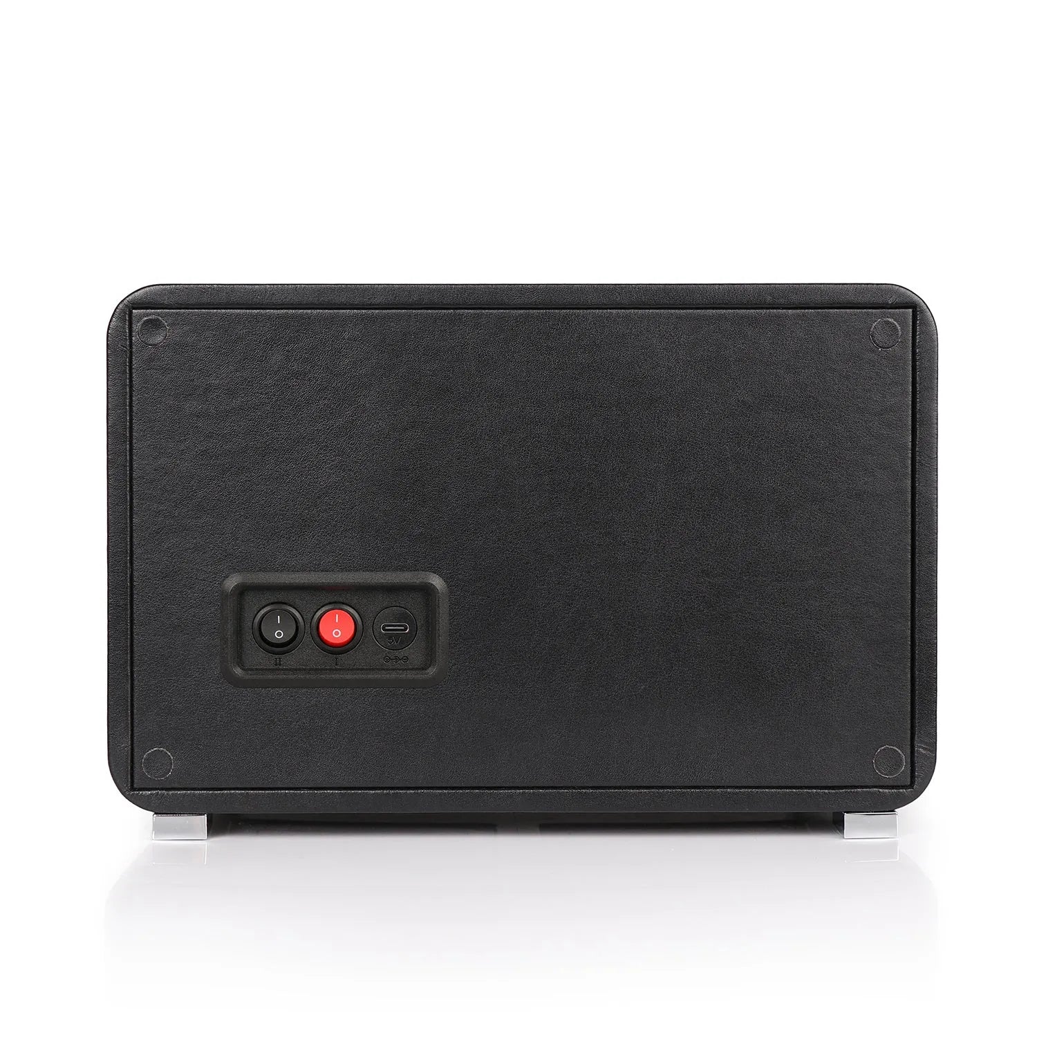 Back view of Aevitas 2-watch winder in black leather with power switches and USB-C port on a white background.