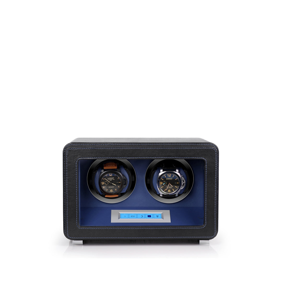 2 Watch Winder in Black and Blue Smooth Leather Finish by Aevitas