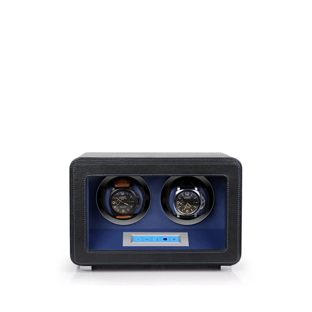 2 Watch Winder in Black and Blue Smooth Leather Finish by Aevitas