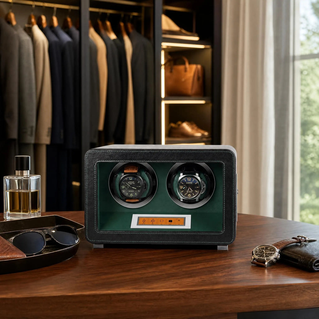 High-end black vegan leather watch winder with green interior in a bright, luxurious dressing room setup.