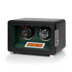 Aevitas 2-watch winder in black vegan leather with green interior, touchscreen display, and silver hardware.