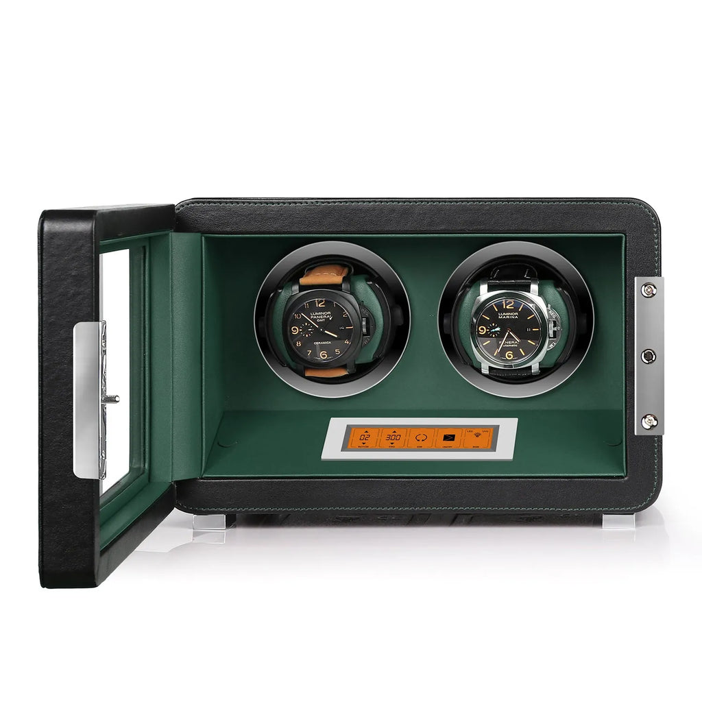 Aevitas 2-watch winder in black leather with green lining, featuring a digital touchscreen and satin silver hardware.