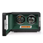 Aevitas 2-watch winder in black leather with green lining, featuring a digital touchscreen and satin silver hardware.