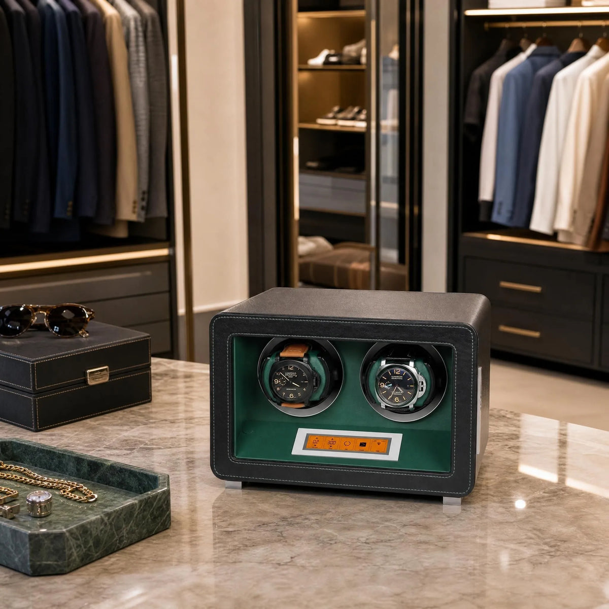 Realistic shot of black and green watch winder in a contemporary dressing room with jewelry and watch accessories.