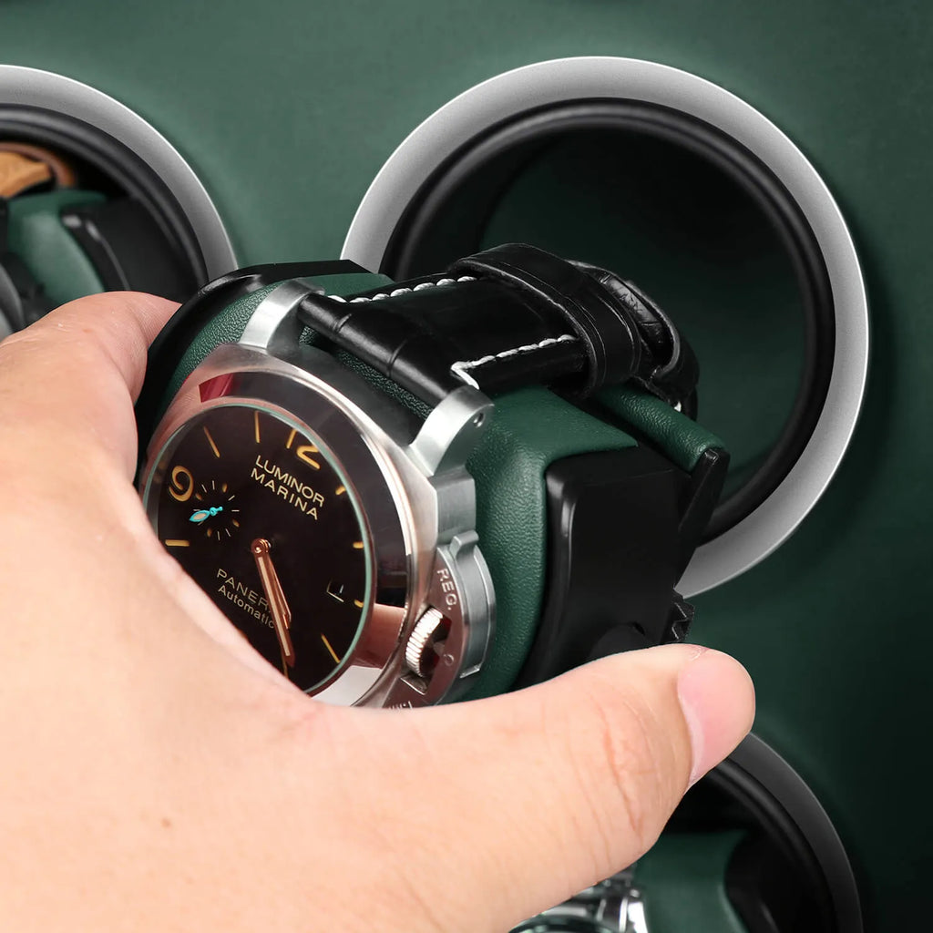Hand placing a luxury watch into a black and green leather Aevitas watch winder with silver accents.