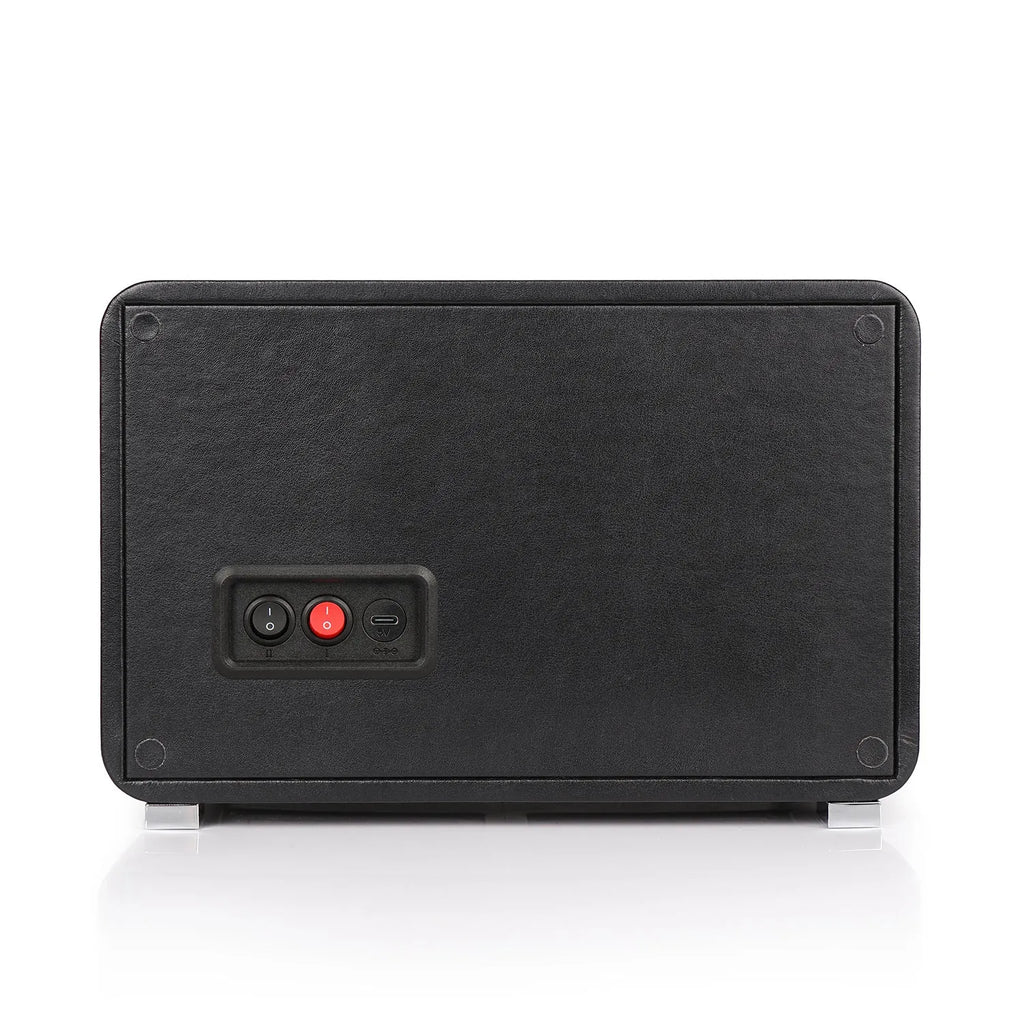 Back view of Aevitas 2-watch winder in black leather with power switches and USB-C port on a white background.