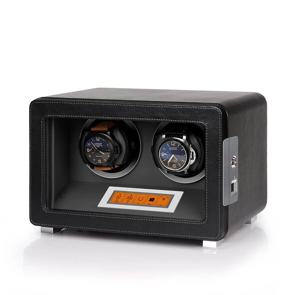 Aevitas premium 2-watch winder in black vegan leather with grey interior, touchscreen controls, and silver satin accents.