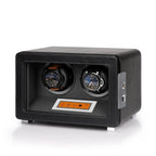 Aevitas premium 2-watch winder in black vegan leather with grey interior, touchscreen controls, and silver satin accents.